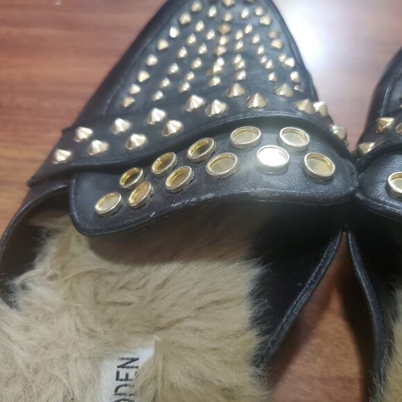 Steve Madden Jordan Studded Black Fur Lined Mule Flats Women's Size 8 Leather - Picture 4 of 16